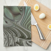 抽象芸術オリーブセージ緑グレーフラクタルアートファンタジー キッチンタオル (四つ折り)