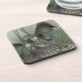 抽象芸術オリーブセージ緑グレーフラクタルアートファンタジー コースター (左側)