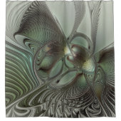 抽象芸術オリーブセージ緑グレーフラクタルアートファンタジー シャワーカーテン (正面)