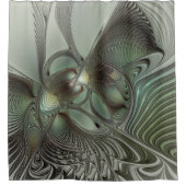 抽象芸術オリーブセージ緑グレーフラクタルアートファンタジー シャワーカーテン (正面)