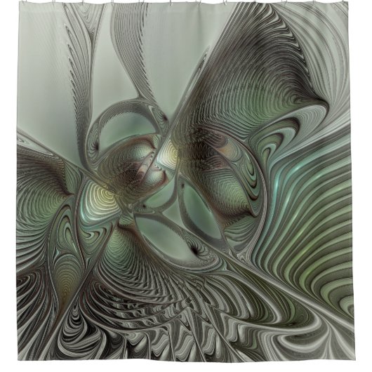 抽象芸術オリーブセージ緑グレーフラクタルアートファンタジー シャワーカーテン (正面)