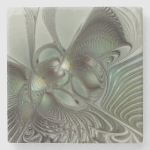 抽象芸術オリーブセージ緑グレーフラクタルアートファンタジー ストーンコースター (正面)