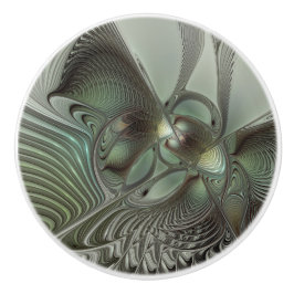 抽象芸術オリーブセージ緑グレーフラクタルアートファンタジー セラミックノブ