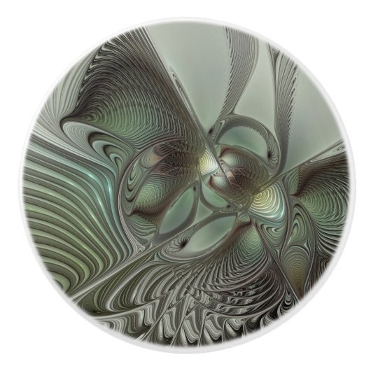 抽象芸術オリーブセージ緑グレーフラクタルアートファンタジー セラミックノブ (正面)