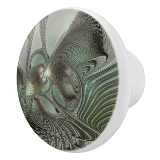 抽象芸術オリーブセージ緑グレーフラクタルアートファンタジー セラミックノブ (右)