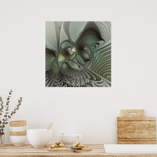 抽象芸術オリーブセージ緑グレーフラクタルアートファンタジー ポスター (キッチン)