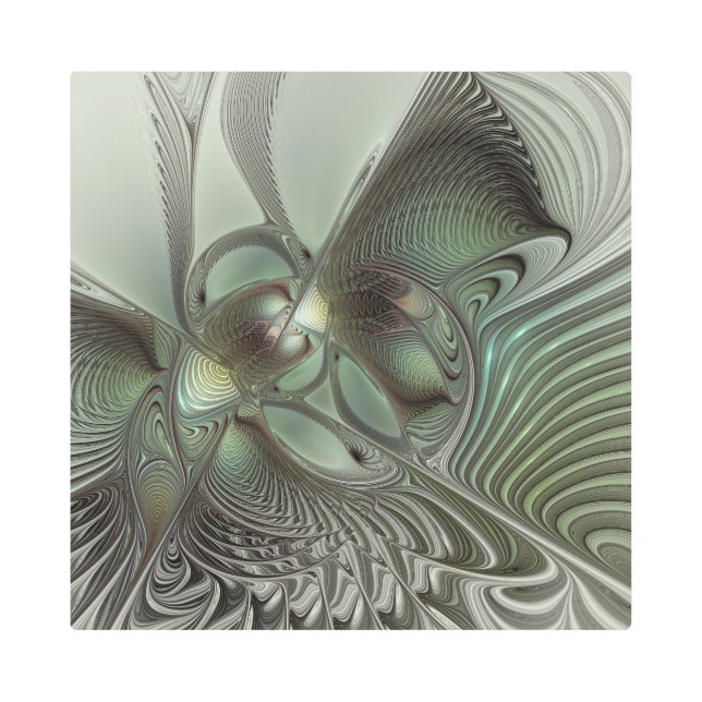 抽象芸術オリーブセージ緑グレーフラクタルアートファンタジー メタルプリント (正面)