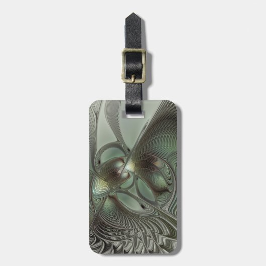 抽象芸術オリーブセージ緑グレーフラクタルアートファンタジー ラゲッジタグ (正面縦)