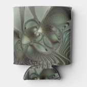 抽象芸術オリーブセージ緑グレーフラクタルアートファンタジー 缶クーラー (正面)