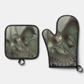 抽象芸術オリーブセージ緑グレーフラクタルアートファンタジー 鍋つかみ&鍋敷きセット (正面)