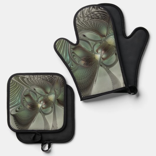抽象芸術オリーブセージ緑グレーフラクタルアートファンタジー 鍋つかみ&鍋敷きセット (正面/裏面)