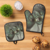 抽象芸術オリーブセージ緑グレーフラクタルアートファンタジー 鍋つかみ&鍋敷きセット (トップダウン)