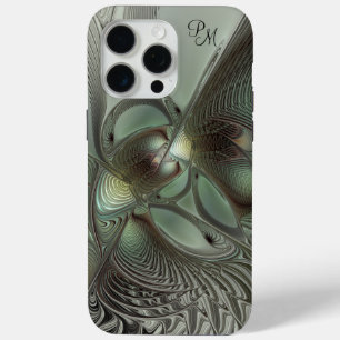 抽象芸術オリーブセージ緑グレーフラクタルイニシャル iPhone 15 PRO MAXケース