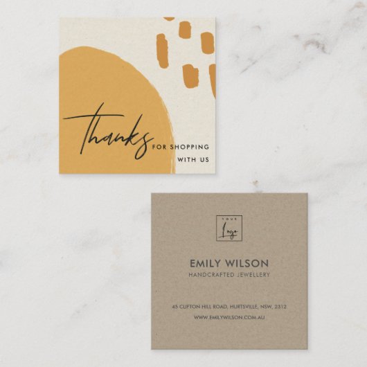 抽象芸術オレンジイエロークラフトSCANDIありがとうロゴ スクエア名刺 (正面/裏面)