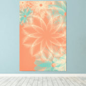 抽象芸術オレンジコーラルティール(緑がかった色)フローラデザイン キャンバスプリント (インサイチュ (ウッドフロア))