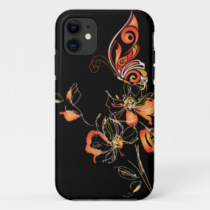 抽象芸術オレンジバタフライとフローラ iPhone 11 ケース