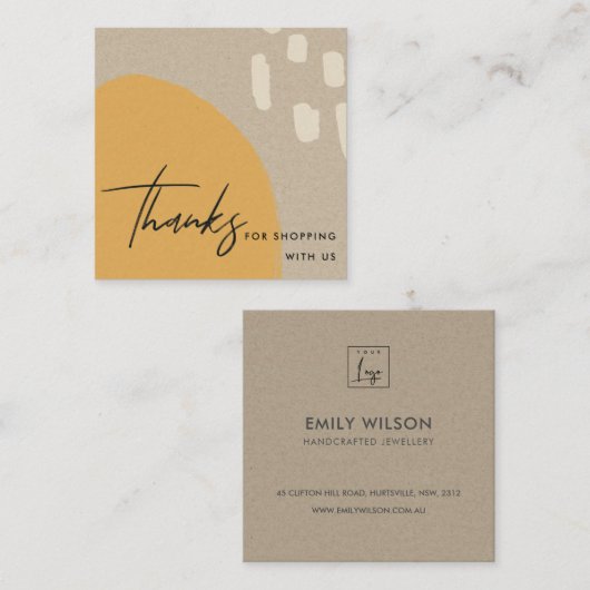 抽象芸術オレンジ色の錆クラフトSCANDIありがとうロゴ スクエア名刺 (正面/裏面)