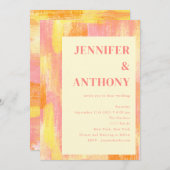 抽象芸術オレンジ色イエローピンク色結婚の 招待状 (正面/裏面)