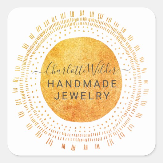 抽象芸術オレンジ金ゴールドサークルハンドメイドジュエリー スクエアシール (正面)