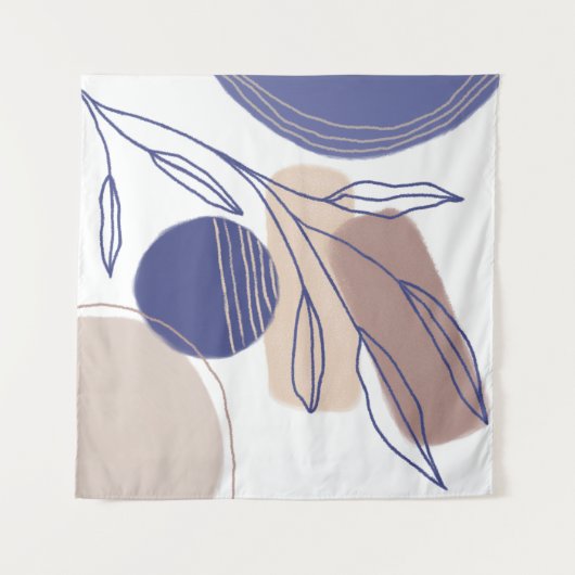 抽象芸術オーガニックシェイプ – 青とベージュ タペストリー (正面(横))