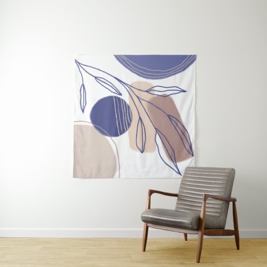 抽象芸術オーガニックシェイプ – 青とベージュ タペストリー (インサイチュ(横))