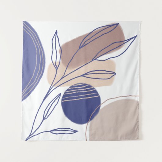 抽象芸術オーガニックシェイプ – 青とベージュ タペストリー (正面)