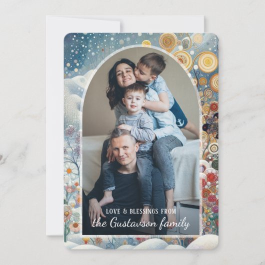 抽象芸術カスタムスノーフレークフローラホリデーリース シーズンカード (正面)