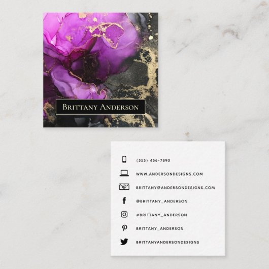 抽象芸術カスタムパープルブラック金ゴールド スクエア名刺 (正面/裏面)