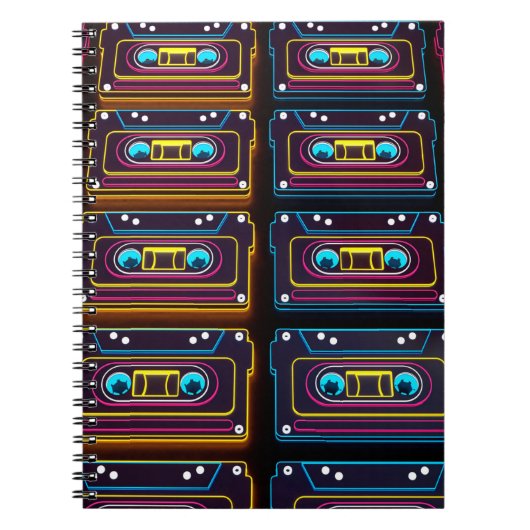 抽象芸術カセットテープのネオンレトロ音楽のバックグロ ノートブック (正面)