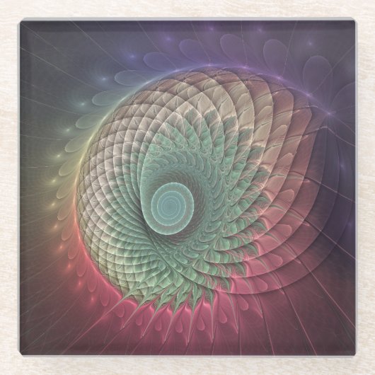 抽象芸術カタツムリカラフルモダンフラクタルアート ガラスコースター (正面)