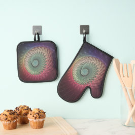 抽象芸術カタツムリカラフルモダンフラクタルアート 鍋つかみ&鍋敷きセット