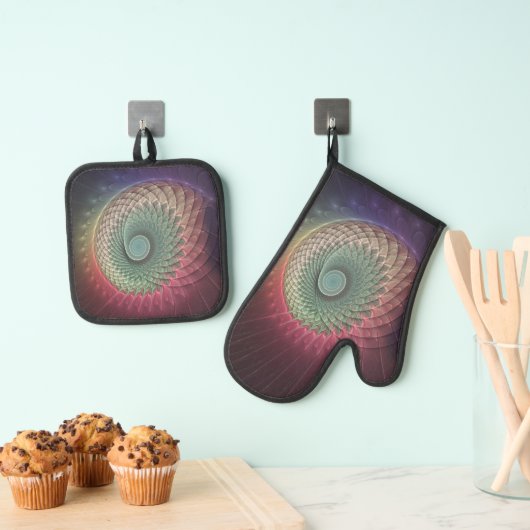 抽象芸術カタツムリカラフルモダンフラクタルアート 鍋つかみ&鍋敷きセット (インサイチュ (吊り下げ))