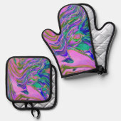 抽象芸術カッコいいチャートレイズとホットピンクグルーブヴィレトロ 鍋つかみ&鍋敷きセット (正面/裏面)