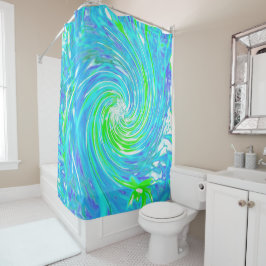 抽象芸術カッコいいレトロアクアとライムグリーンスワール シャワーカーテン