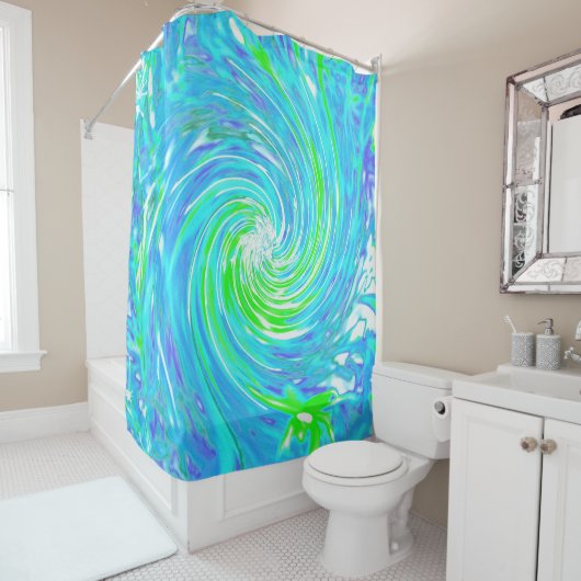 抽象芸術カッコいいレトロアクアとライムグリーンスワール シャワーカーテン (インサイチュ)