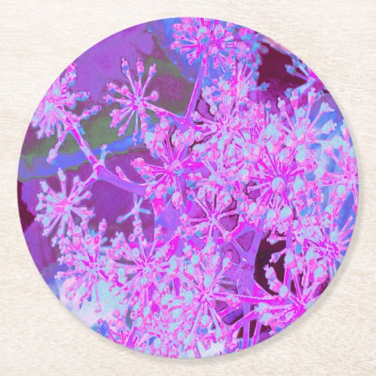 抽象芸術カッコいいレトロ自然（ホットピンクとパープル） ラウンドペーパーコースター (正面)