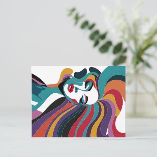 抽象芸術カラフルで髪の毛が流れる女性 ポストカード (スタンド正面)