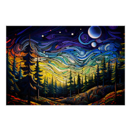 抽象芸術カラフルの木の日没の風景 ポスター