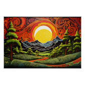 抽象芸術カラフルの木の日没の風景 ポスター (正面)