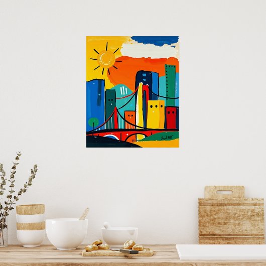 抽象芸術カラフルの街並み（日と橋） ポスター (キッチン)