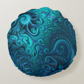 抽象芸術カラフルの青とティール(緑がかった色)の緩和曲線パターン ラウンドクッション (裏面)