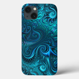 抽象芸術カラフルの青とティール(緑がかった色)の緩和曲線パターン iPhone 13ケース