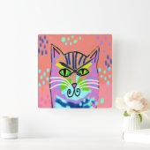 抽象芸術カラフルアートキャットウォールクロック スクエア壁時計 (ホーム)