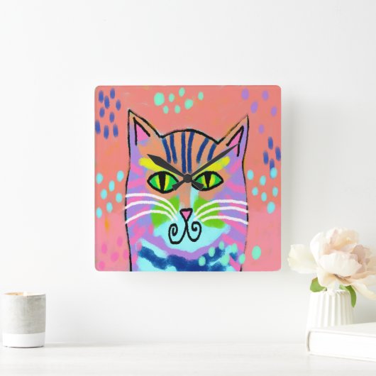 抽象芸術カラフルアートキャットウォールクロック スクエア壁時計 (ホーム)