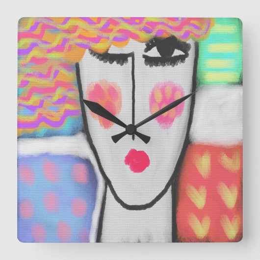 抽象芸術カラフルアートスクエアウォールクロック スクエア壁時計 (正面)