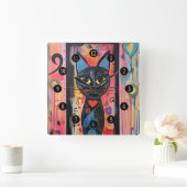 抽象芸術カラフルイエローアイドキャット スクエア壁時計 (ホーム)