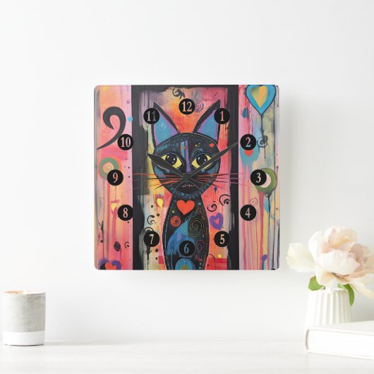 抽象芸術カラフルイエローアイドキャット スクエア壁時計 (ホーム)