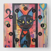 抽象芸術カラフルイエローアイドキャット スクエア壁時計 (正面)