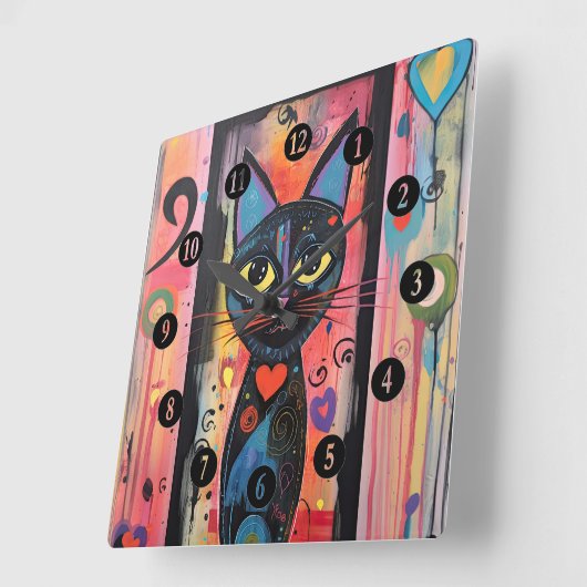 抽象芸術カラフルイエローアイドキャット スクエア壁時計 (傾斜)