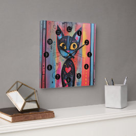 抽象芸術カラフルイエローアイドキャット スクエア壁時計